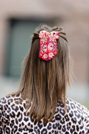 Yvette beaded bow clip salsa red