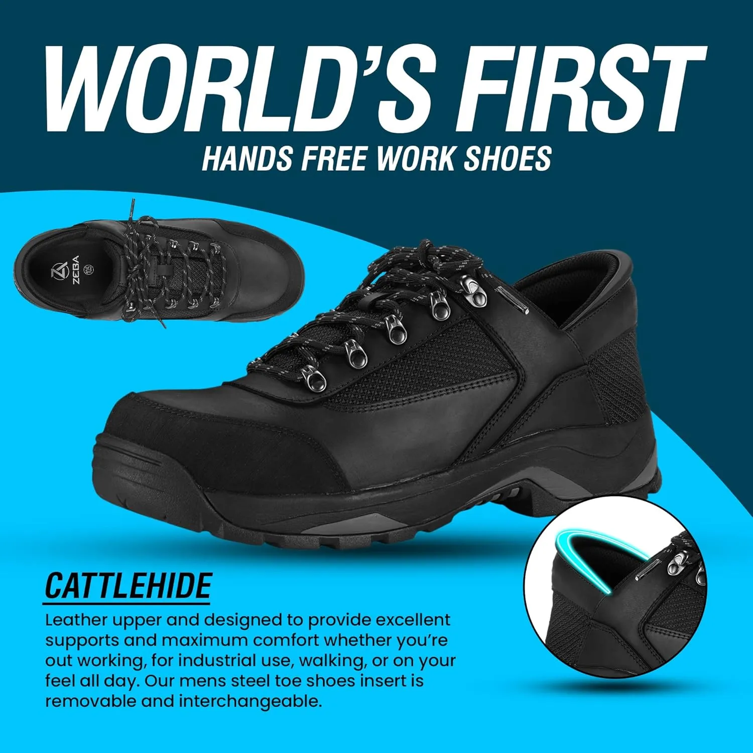 ZEBA Hands Free Steel Toe Shoes for Men Slip on and Collapsible Steel Toe Work Shoes for Men