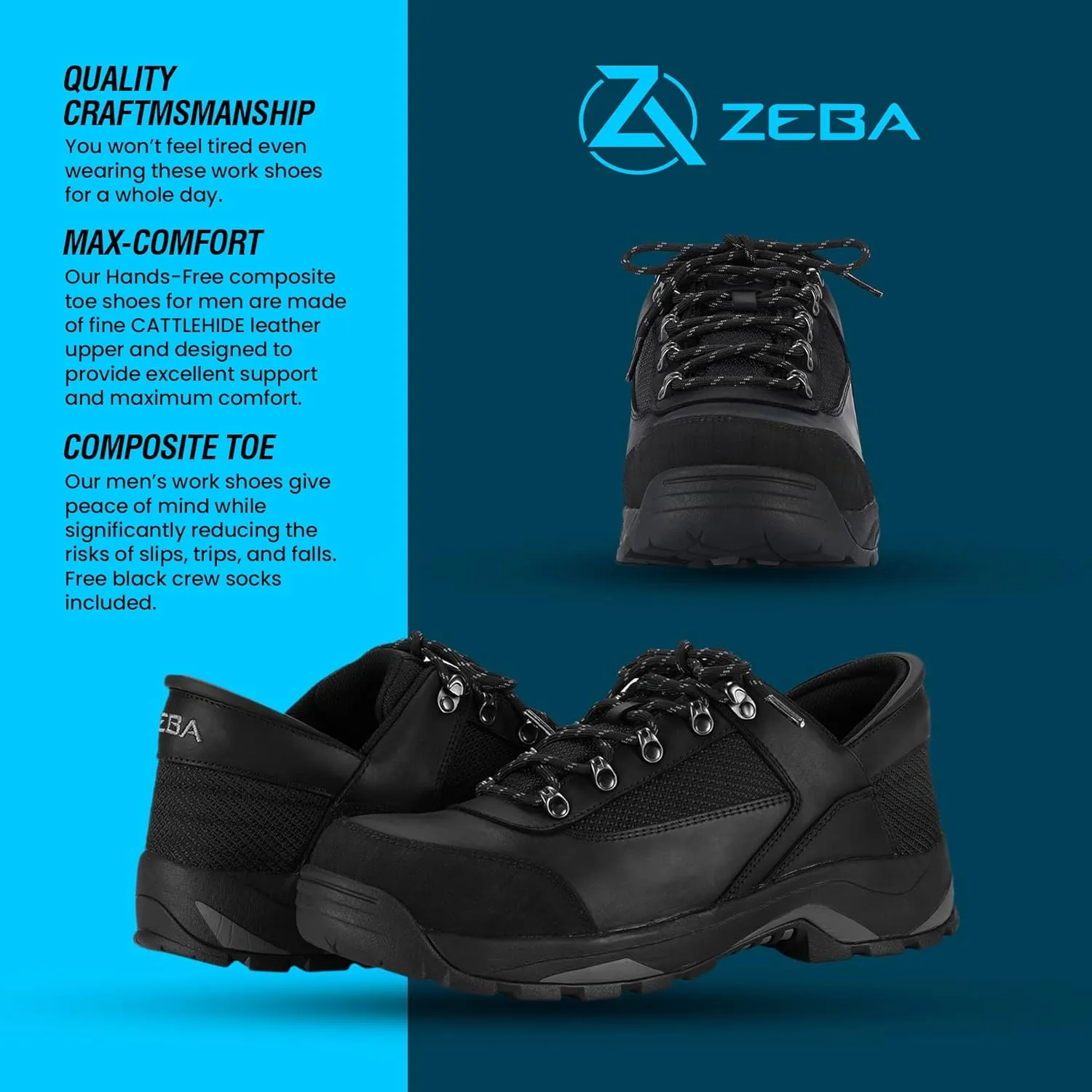 ZEBA Hands Free Steel Toe Shoes for Men Slip on and Collapsible Steel Toe Work Shoes for Men