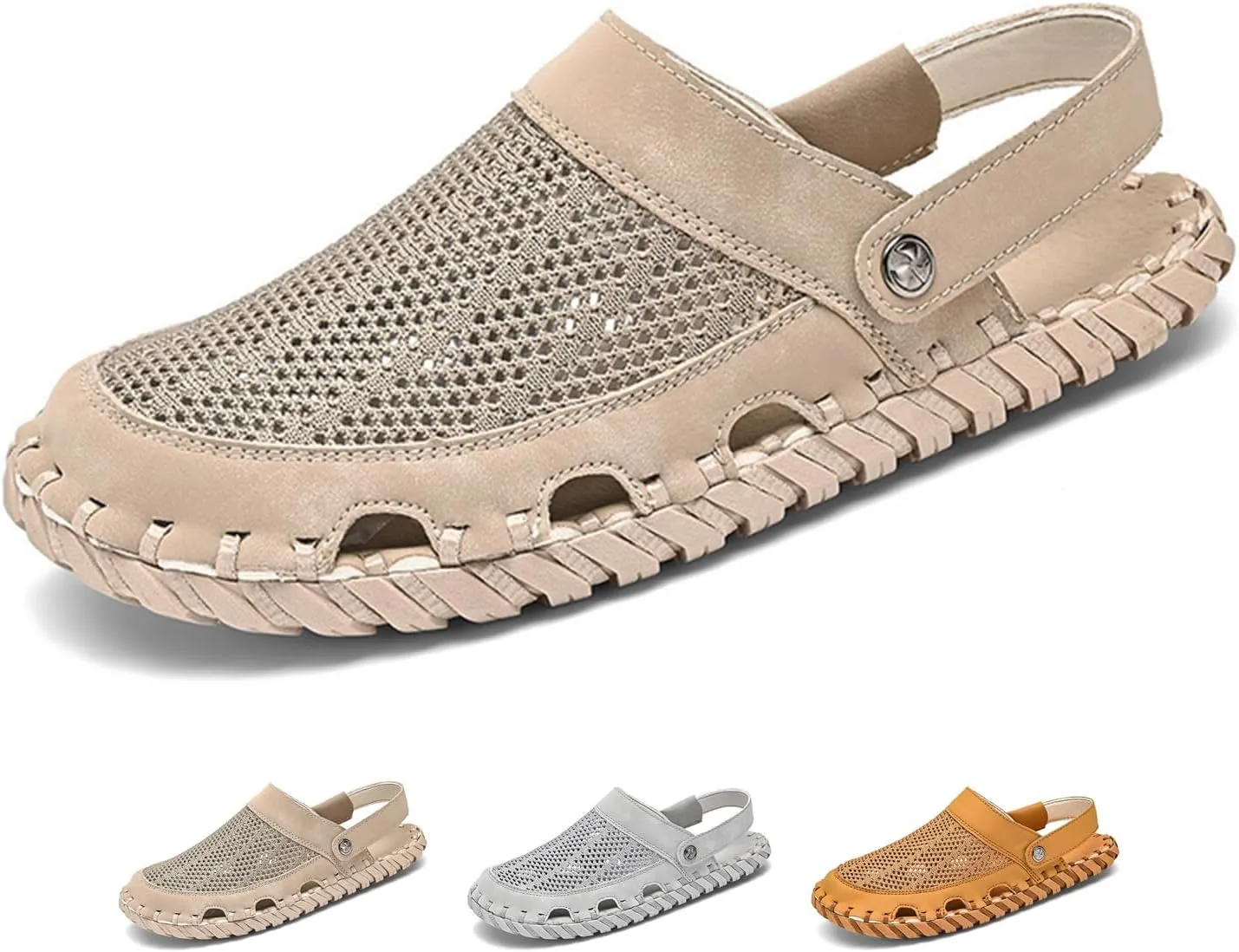 Zeberfi Men's Hollow Leather Mesh Closed Toe Flat Sandals Casual Outdoor Athletic Handmade Adjustable Slip On Beach Shoes Summer Breathable Comfort Walking Sports Hiking Sandals