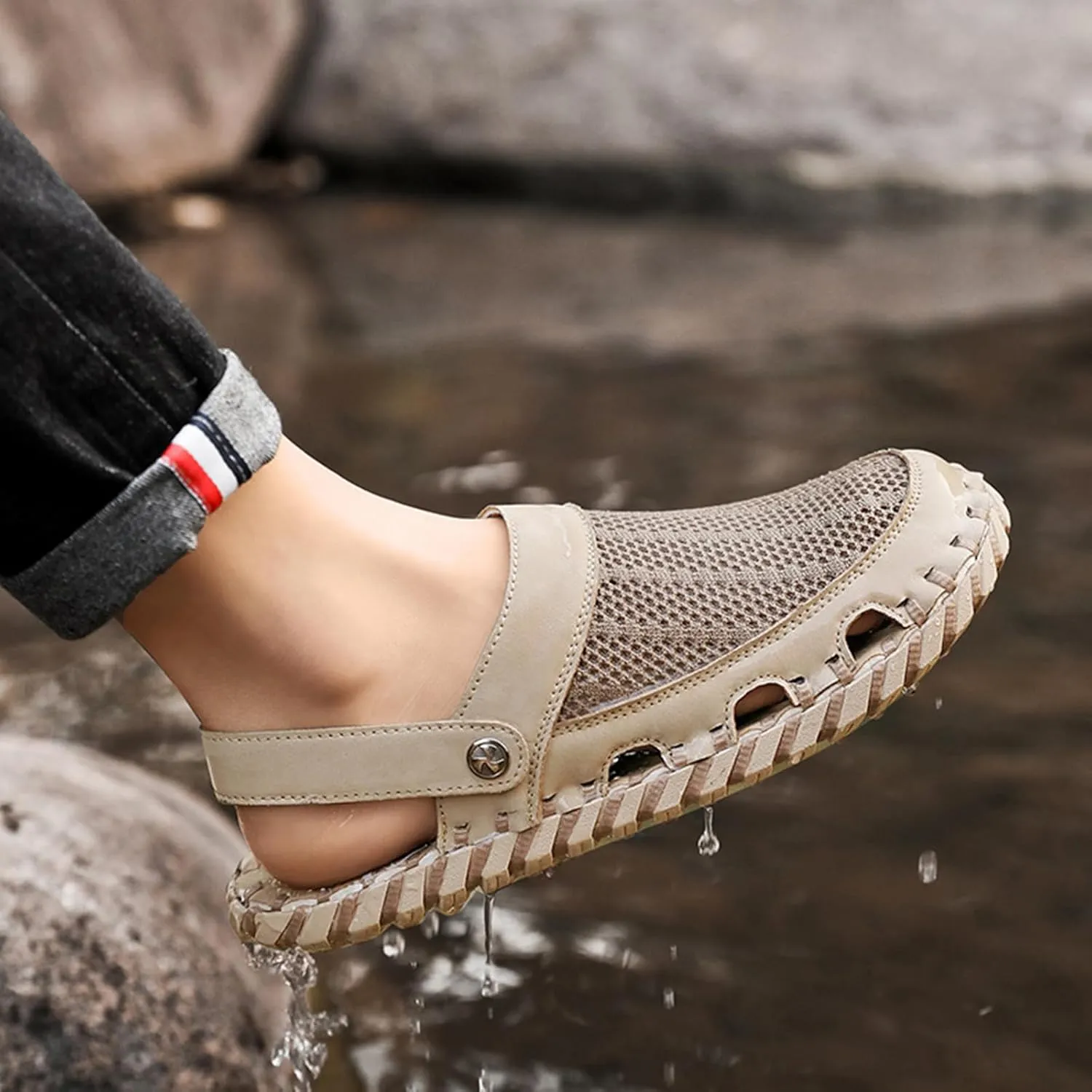 Zeberfi Men's Hollow Leather Mesh Closed Toe Flat Sandals Casual Outdoor Athletic Handmade Adjustable Slip On Beach Shoes Summer Breathable Comfort Walking Sports Hiking Sandals