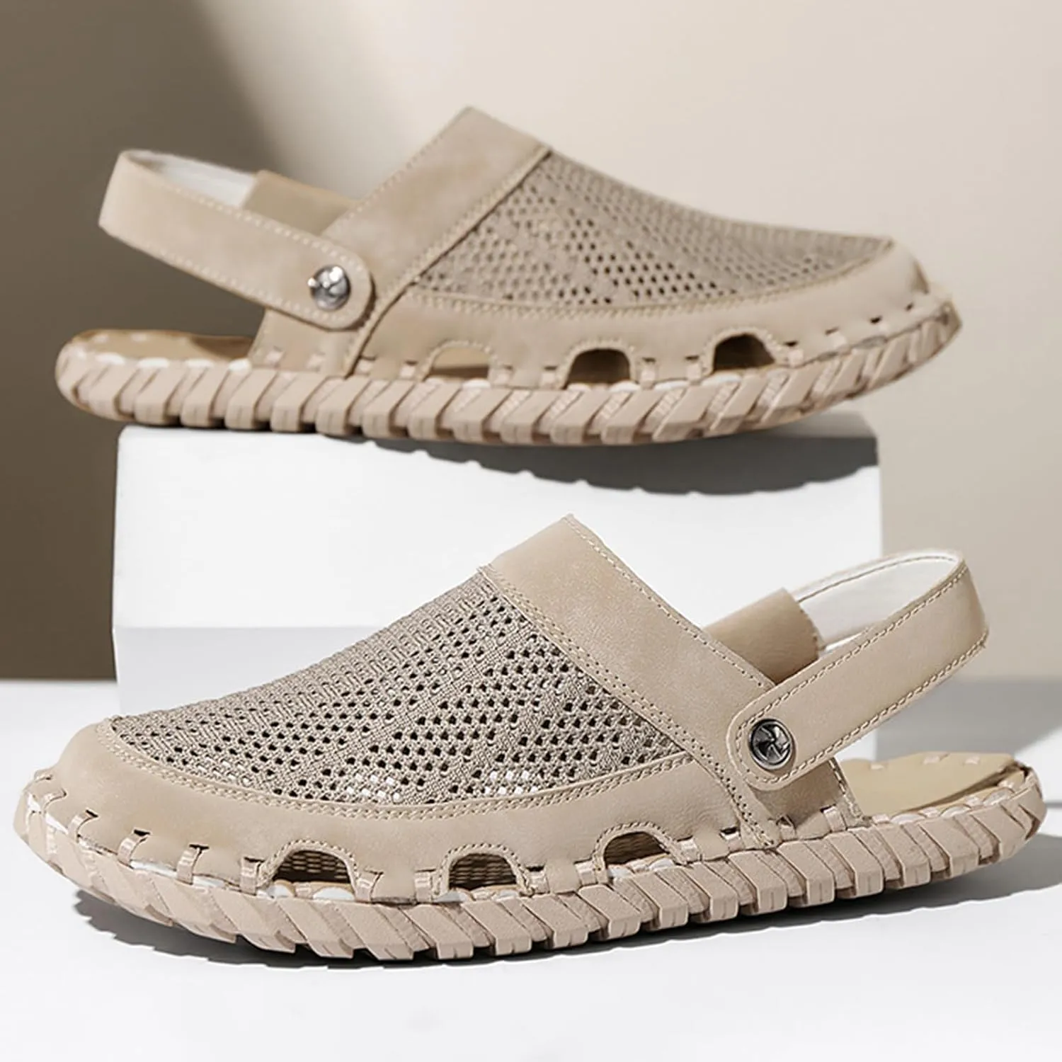 Zeberfi Men's Hollow Leather Mesh Closed Toe Flat Sandals Casual Outdoor Athletic Handmade Adjustable Slip On Beach Shoes Summer Breathable Comfort Walking Sports Hiking Sandals