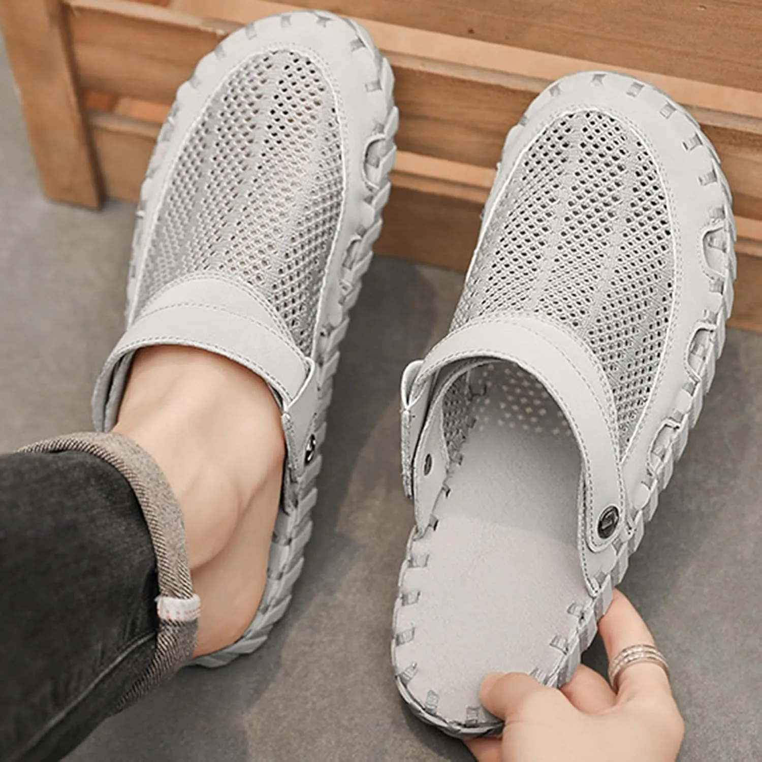 Zeberfi Men's Hollow Leather Mesh Closed Toe Flat Sandals Casual Outdoor Athletic Handmade Adjustable Slip On Beach Shoes Summer Breathable Comfort Walking Sports Hiking Sandals
