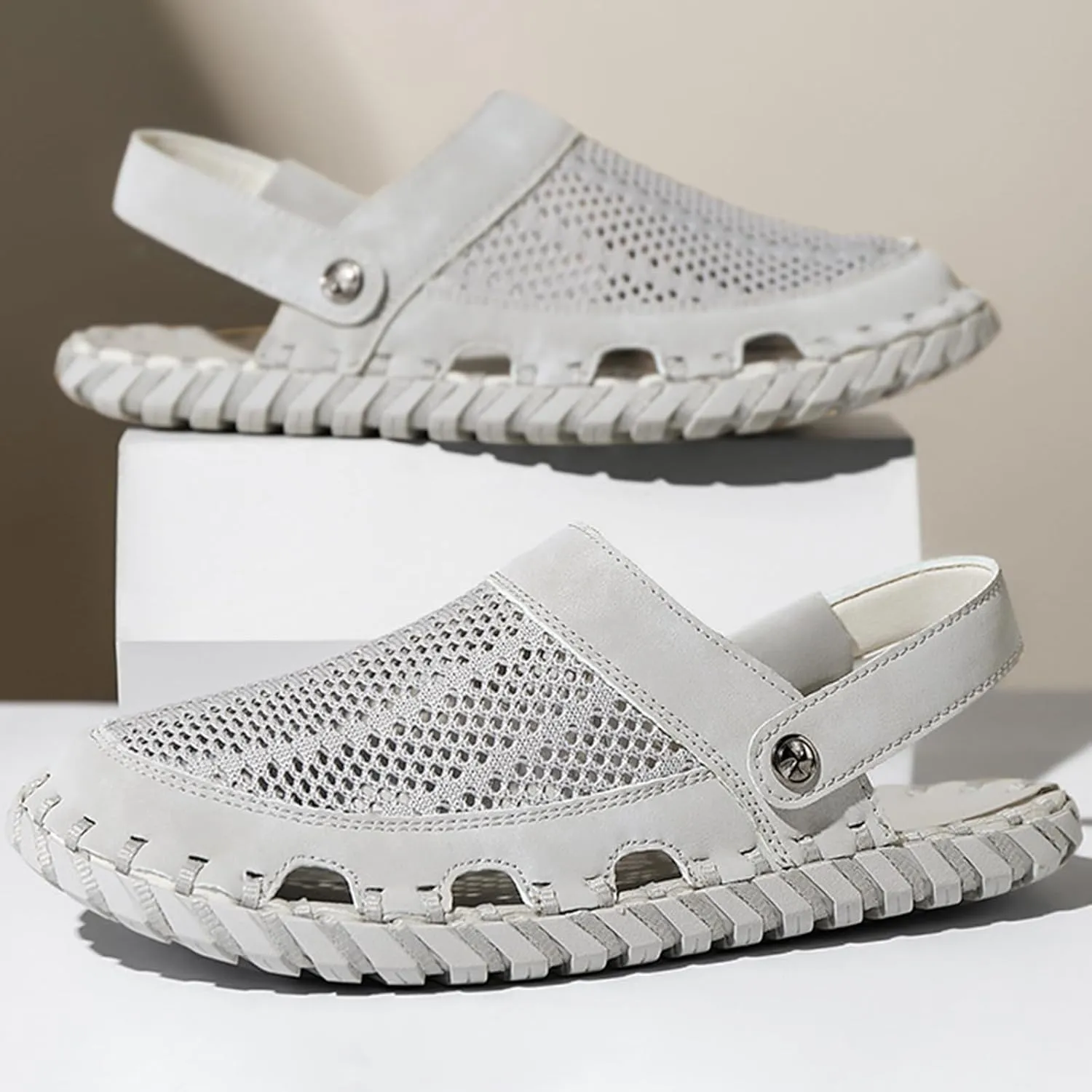 Zeberfi Men's Hollow Leather Mesh Closed Toe Flat Sandals Casual Outdoor Athletic Handmade Adjustable Slip On Beach Shoes Summer Breathable Comfort Walking Sports Hiking Sandals