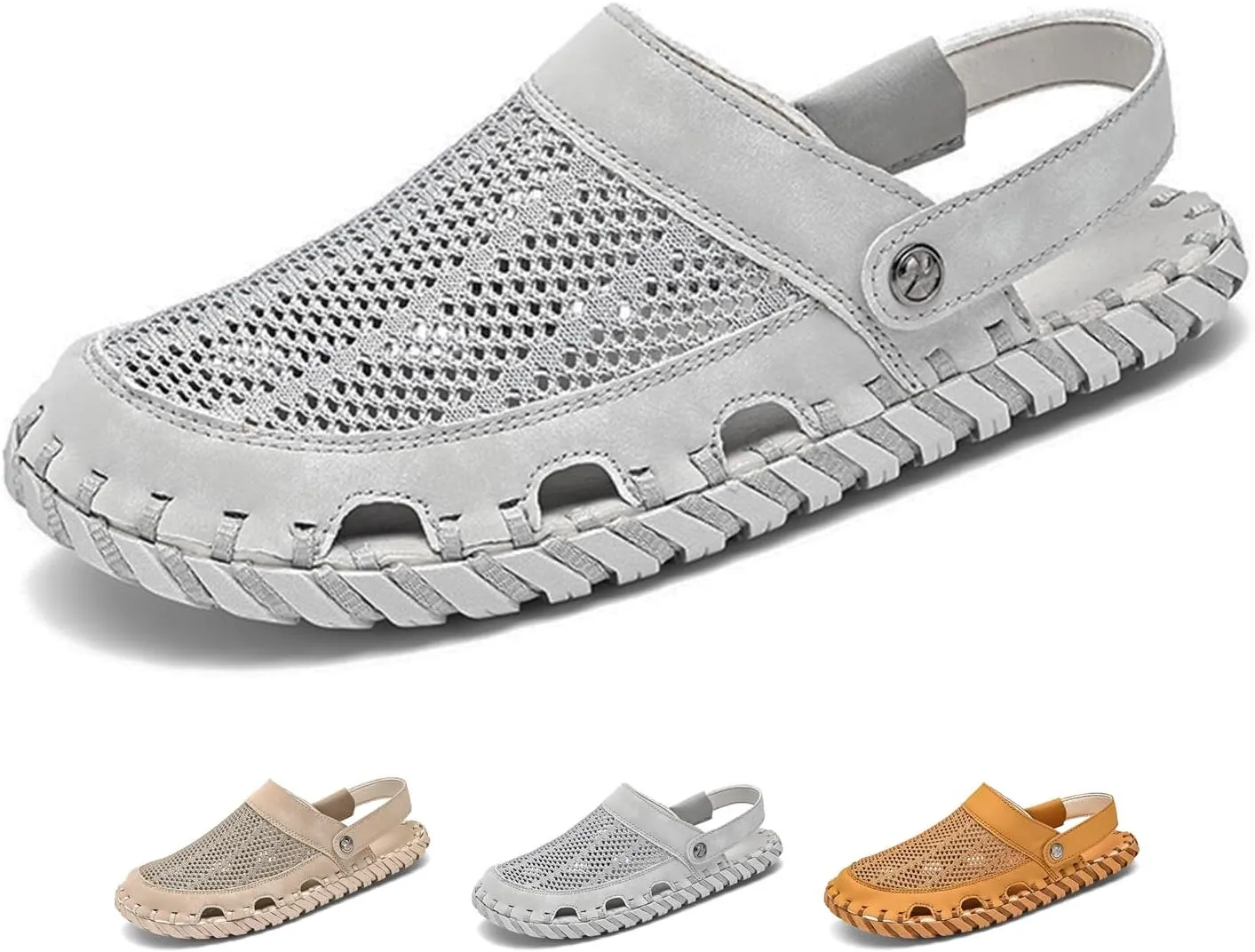 Zeberfi Men's Hollow Leather Mesh Closed Toe Flat Sandals Casual Outdoor Athletic Handmade Adjustable Slip On Beach Shoes Summer Breathable Comfort Walking Sports Hiking Sandals