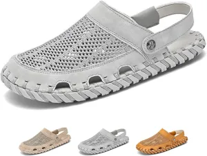 Zeberfi Men's Hollow Leather Mesh Closed Toe Flat Sandals Casual Outdoor Athletic Handmade Adjustable Slip On Beach Shoes Summer Breathable Comfort Walking Sports Hiking Sandals