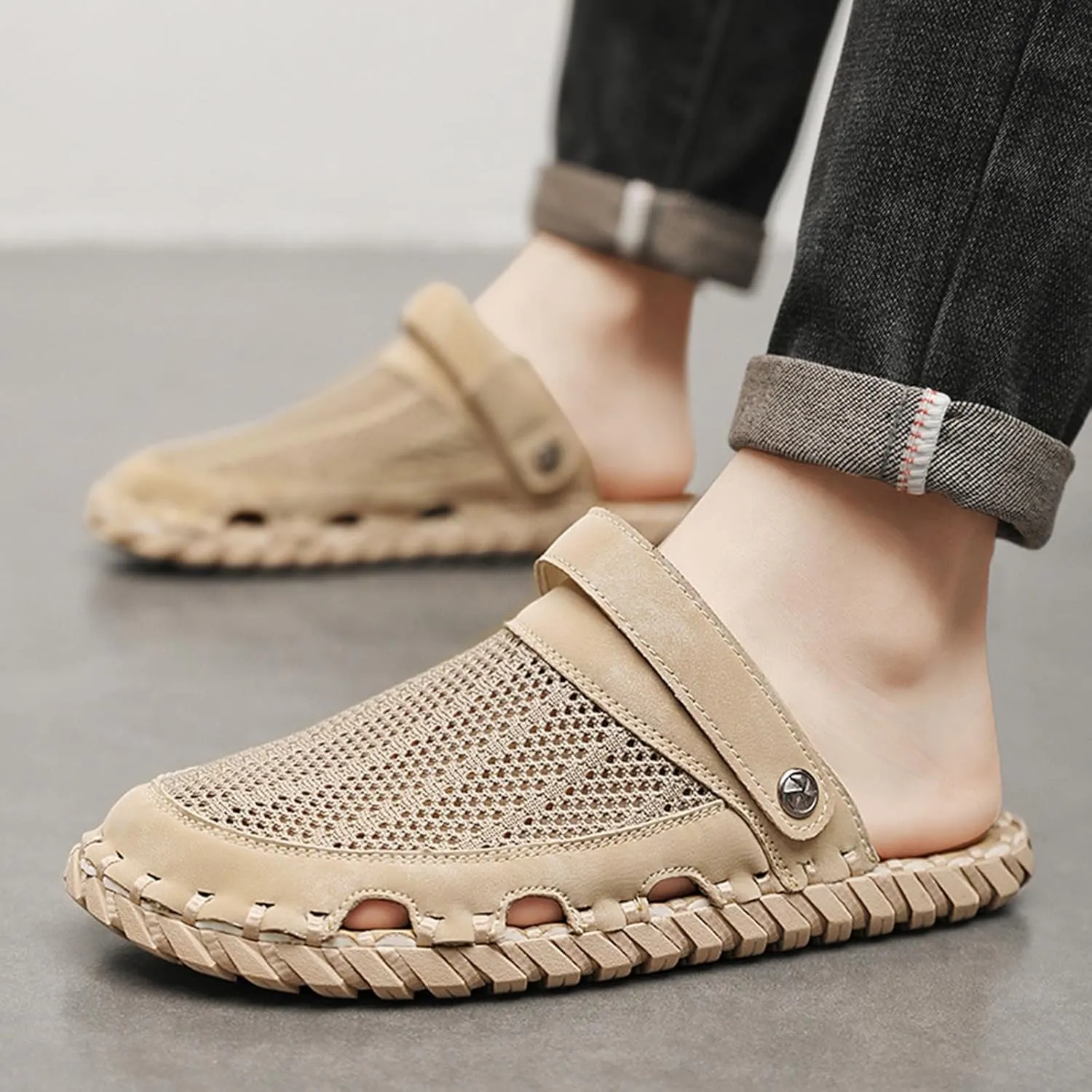 Zeberfi Men's Hollow Leather Mesh Closed Toe Flat Sandals Casual Outdoor Athletic Handmade Adjustable Slip On Beach Shoes Summer Breathable Comfort Walking Sports Hiking Sandals